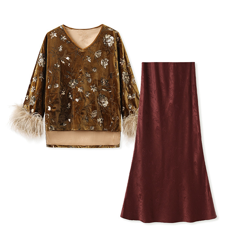 Embroidery Blouse - 2025 Winter Feather Cuff Blouse Set,