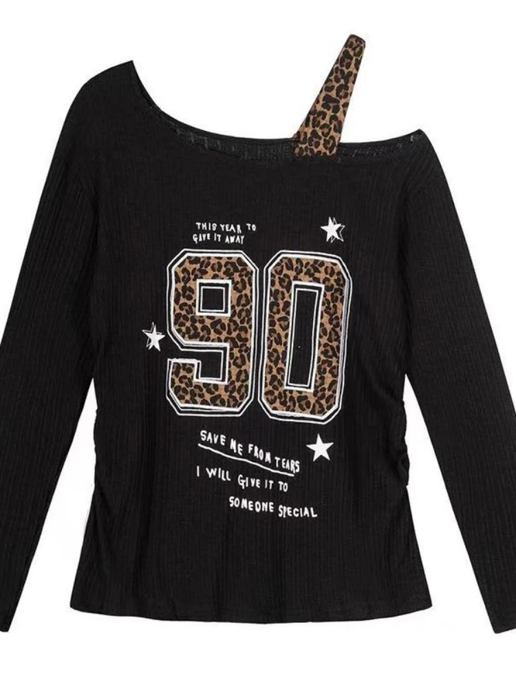 Embroidery Print - Y2K Patchwork Leopard Print T-Shirt Women