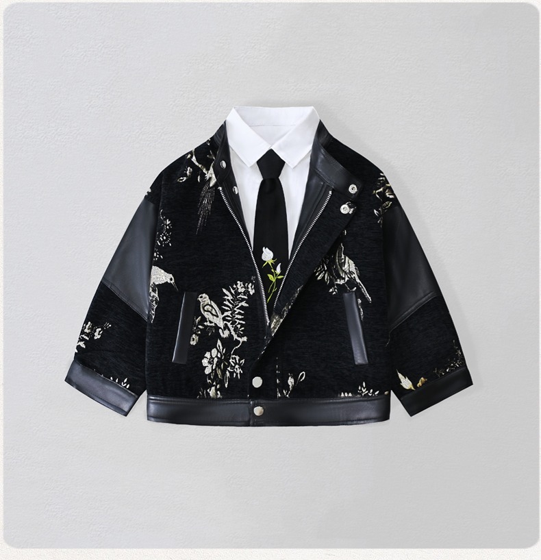 Embroidery Uniforms - Gentleman Kids Embroidery Motorcycle Pu Leather