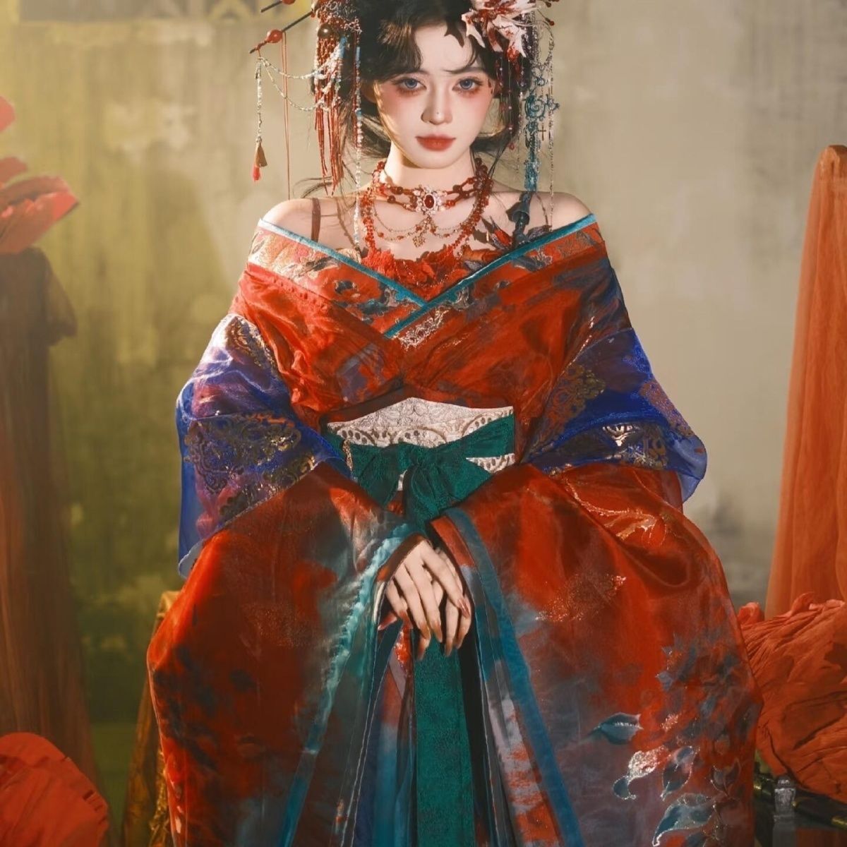 Embroidery Uniforms - Black Blue Embroidery Hanfu Women's Upgraded