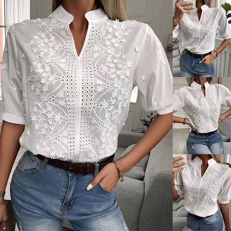 Embroidery Blouse - 2026 Summer Women's Elegant Short Sleeve