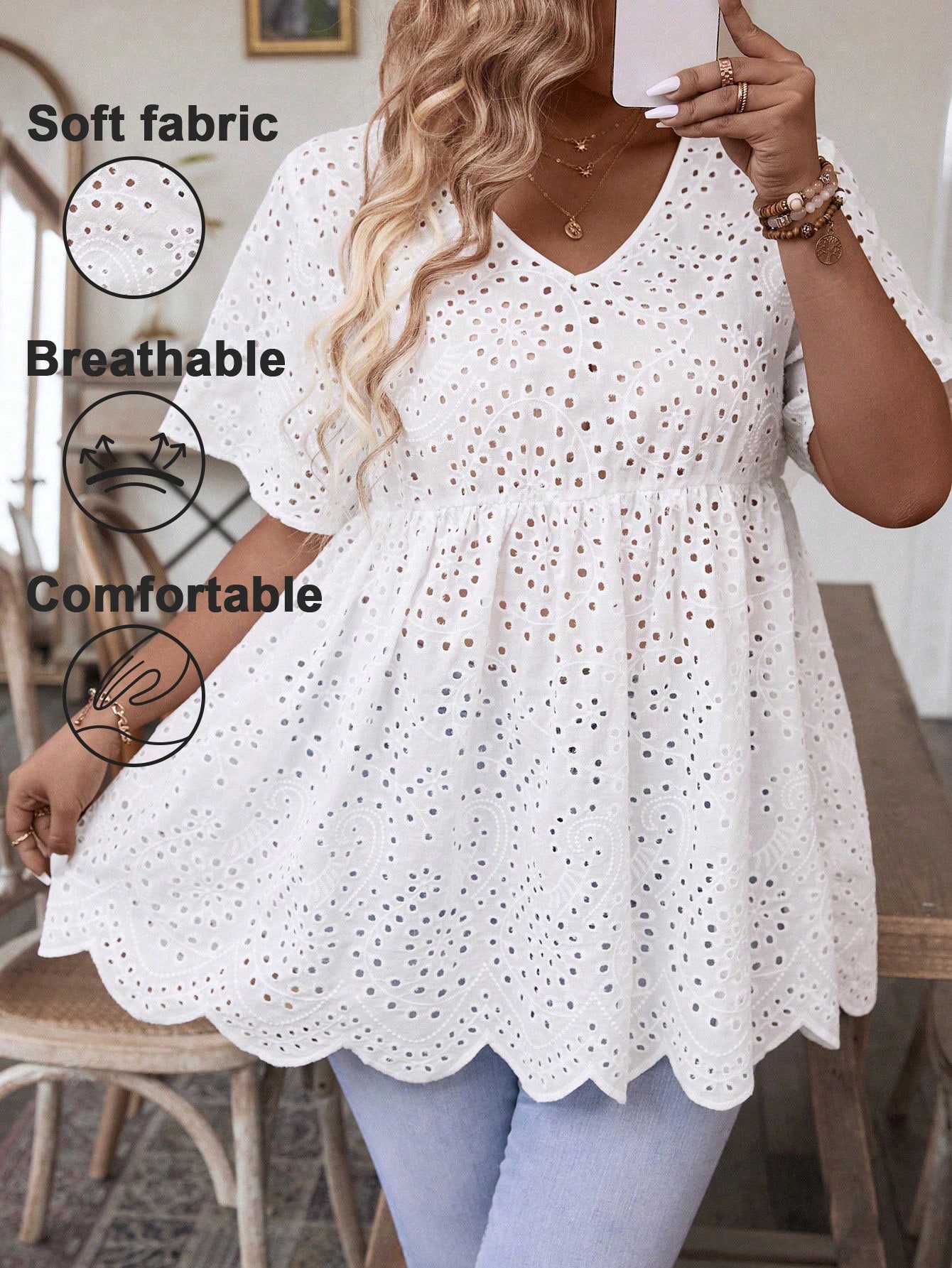 Women's Plus Size White Eyelet - Embroidery Blouse recension och pris