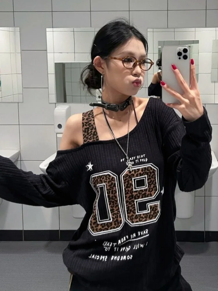 Y2K Patchwork Leopard Print T- - Embroidery Print recension och pris