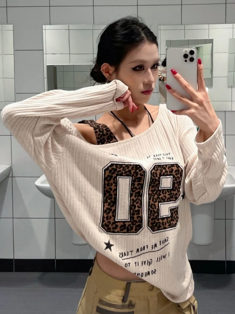 Y2K Patchwork Leopard Print T- - Embroidery Print recension och pris
