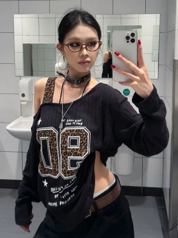 Y2K Patchwork Leopard Print T- - Embroidery Print recension och pris