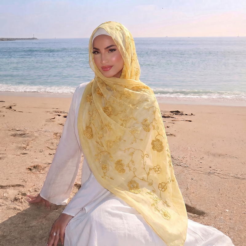 Floral Embroidery Muslim Hijab - Embroidery Print recension och pris