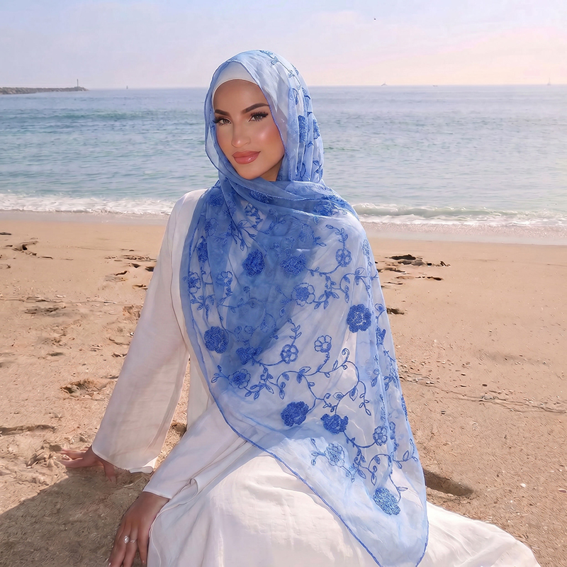 Floral Embroidery Muslim Hijab - Embroidery Print recension och pris