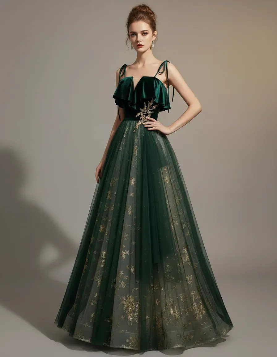 Emerald Green Velvet Top Tulle - Embroidery Gold recension och pris