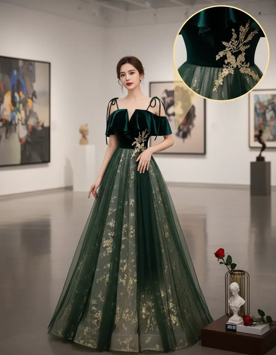 Emerald Green Velvet Top Tulle - Embroidery Gold recension och pris