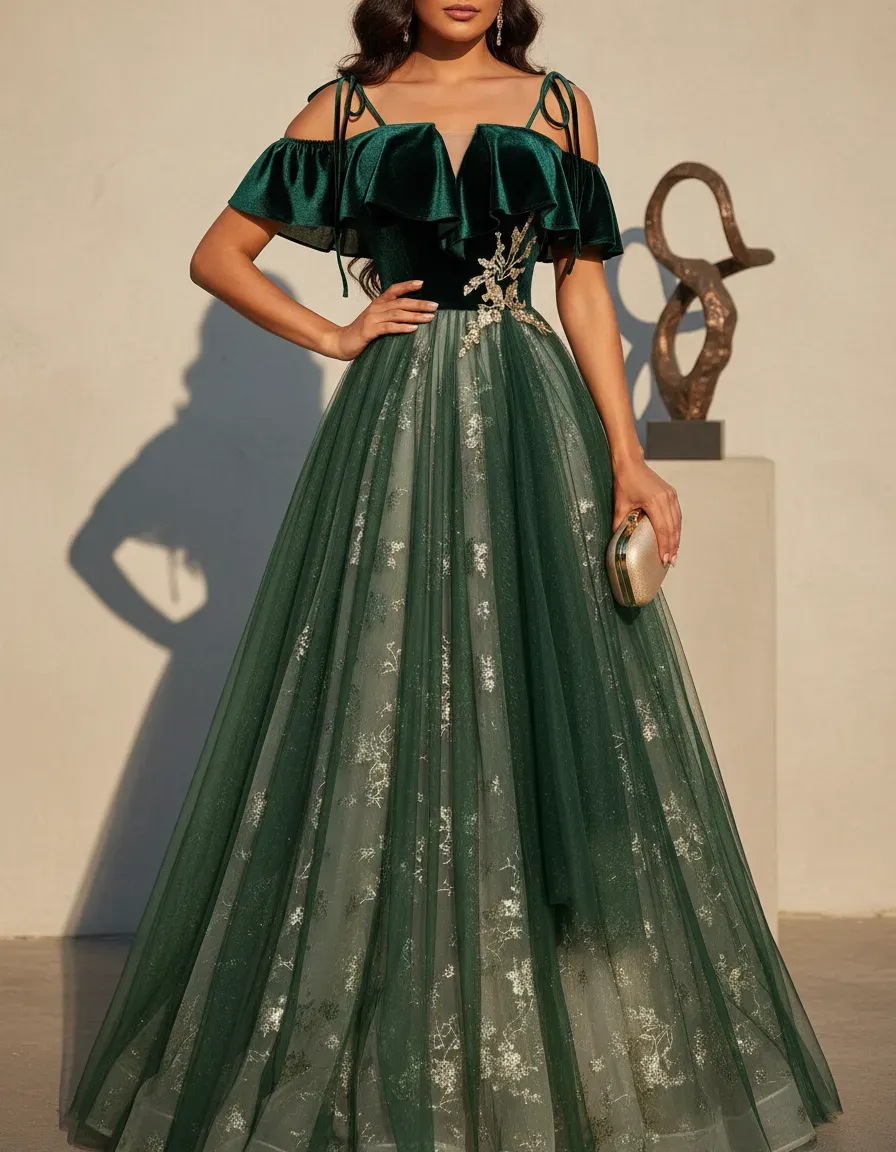 Emerald Green Velvet Top Tulle - Embroidery Gold recension och pris